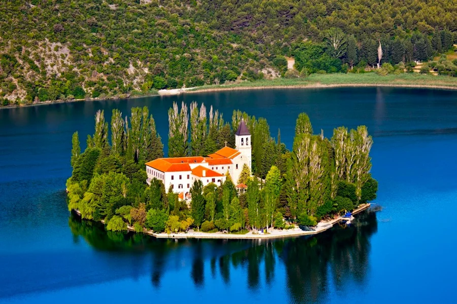 Visovac island monastery on the Krka river