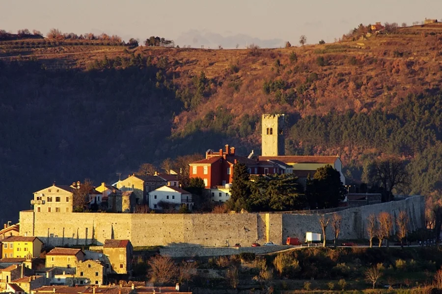 The medieval walls of Motovun above the Istrian countryside