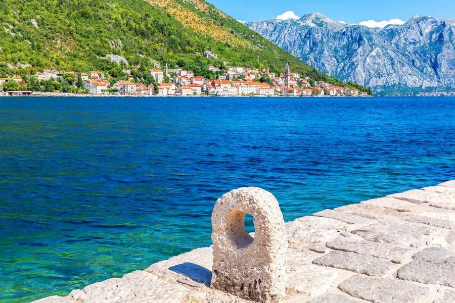 Perast old town below the mountains of the Bay of Kotor