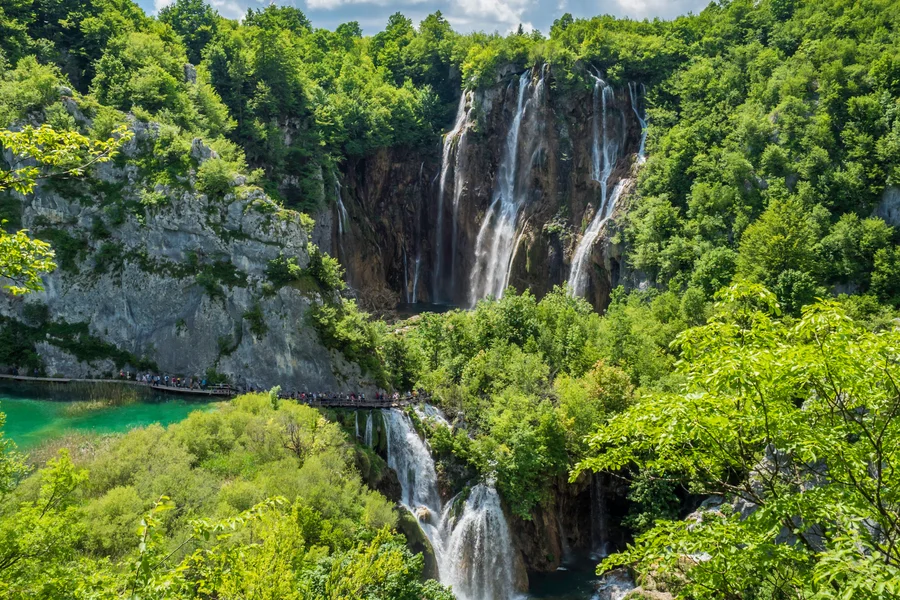 The great waterfall in the wooded canyon at Plitvice Lakes