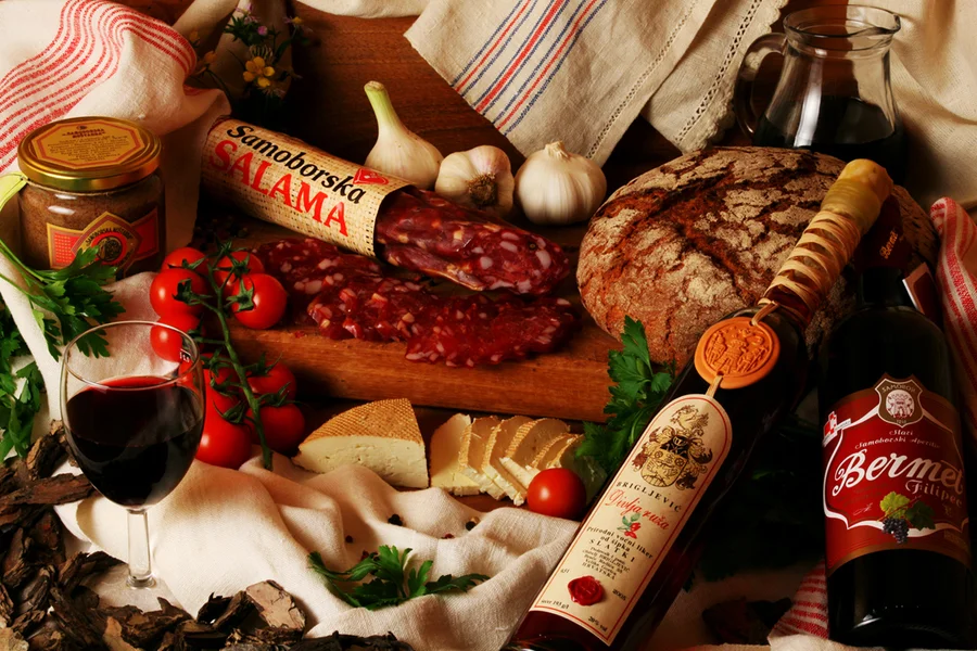 Samoborska salama, cheese and local wine, a Samobor gastronomy spread