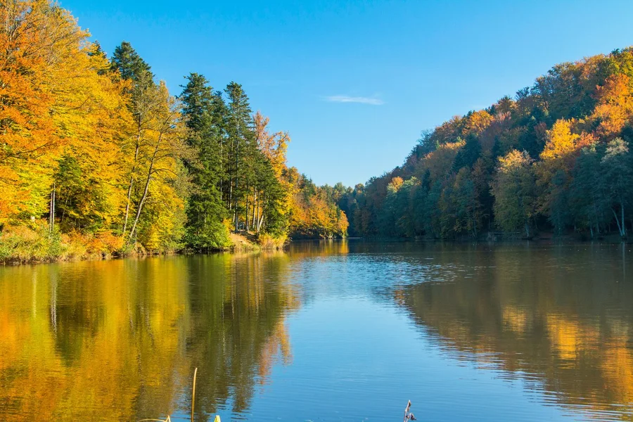 Autumn colours reflected in the lake below Trakoscan castle