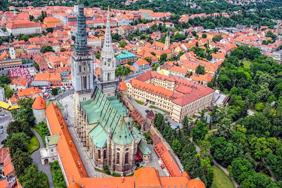 Zagreb cathedral and the red rooftops of the old town from above