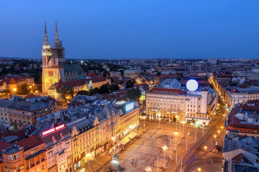 Zagreb main square lit up in the evening