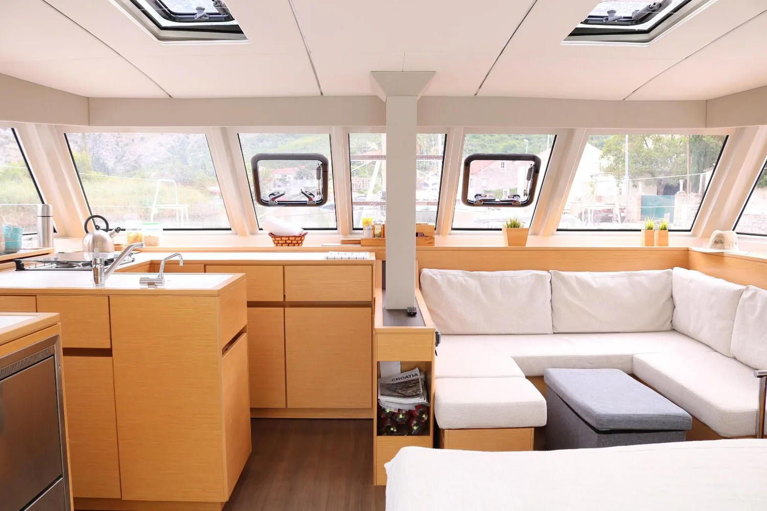 Catamaran salon interior on the Dubrovnik sailing trip