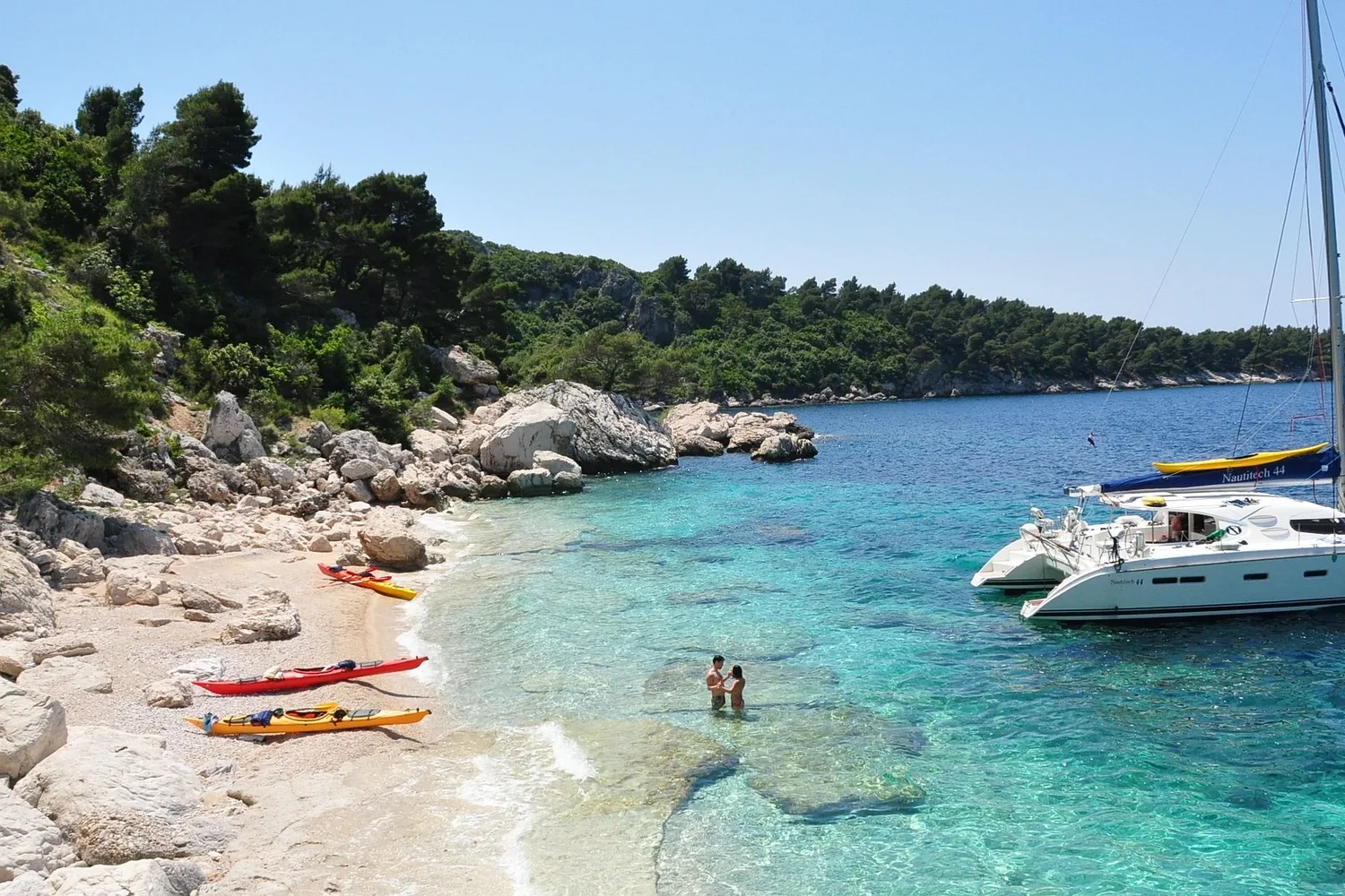 Catamaran anchored off the Elaphiti Islands, Dubrovnik sailing trip