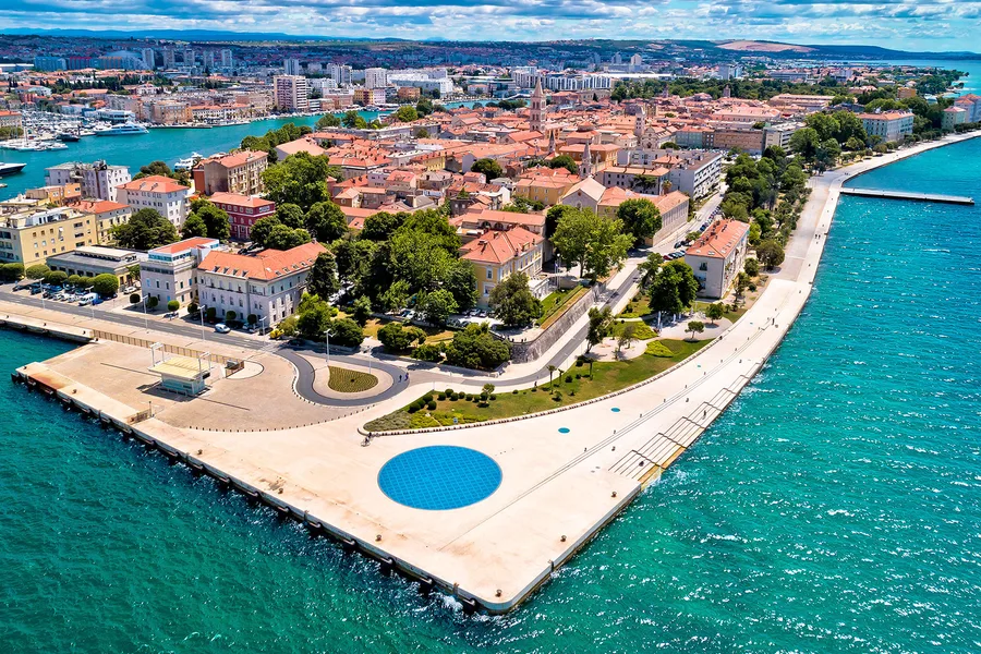 Zadar Sea Organ and waterfront at sunset, Croatia